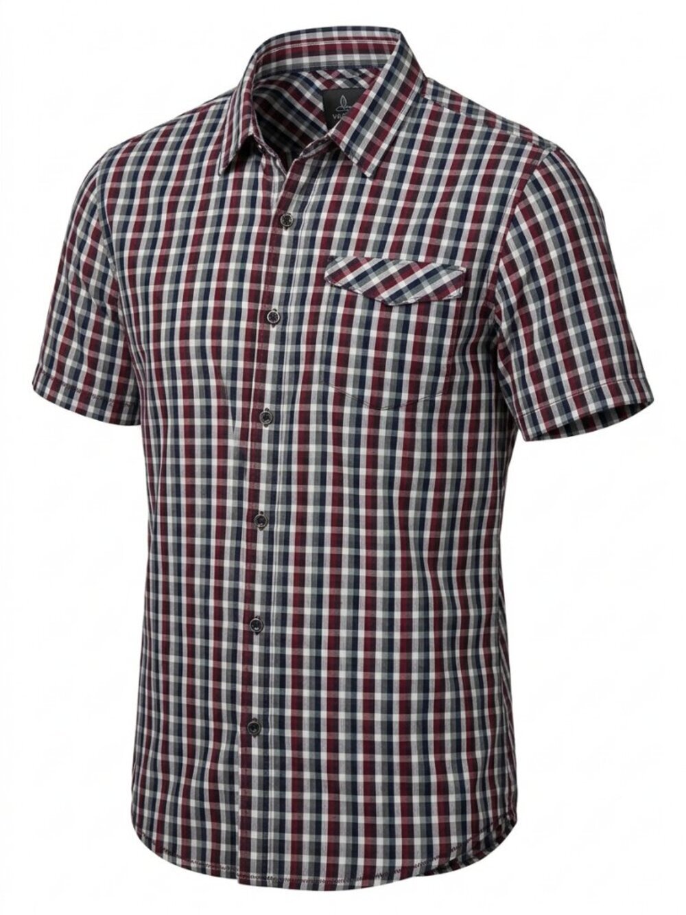 PRANA Breathe Red Navy Brown Plaid Short Sleeve Button Up Organic Cotton size l